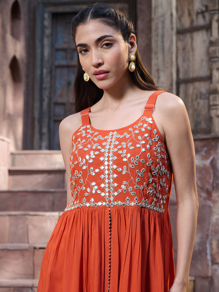Orange Solid &amp; Embroidered Rayon Short Kurti Sharara Dupatta Set
