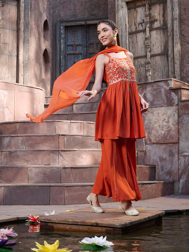 Orange Solid &amp; Embroidered Rayon Short Kurti Sharara Dupatta Set