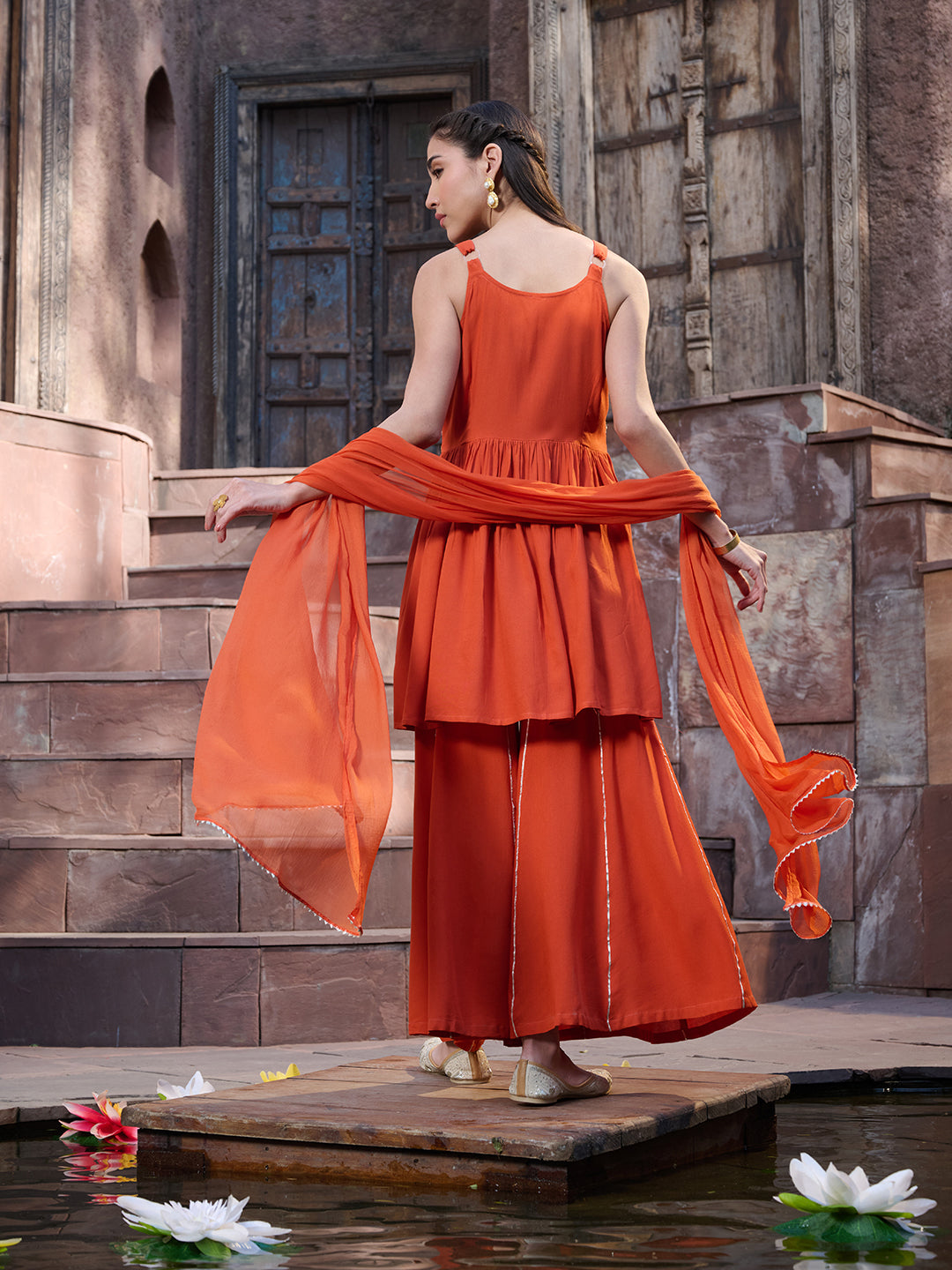 Orange Solid & Embroidered Rayon Short Kurti Sharara Dupatta Set