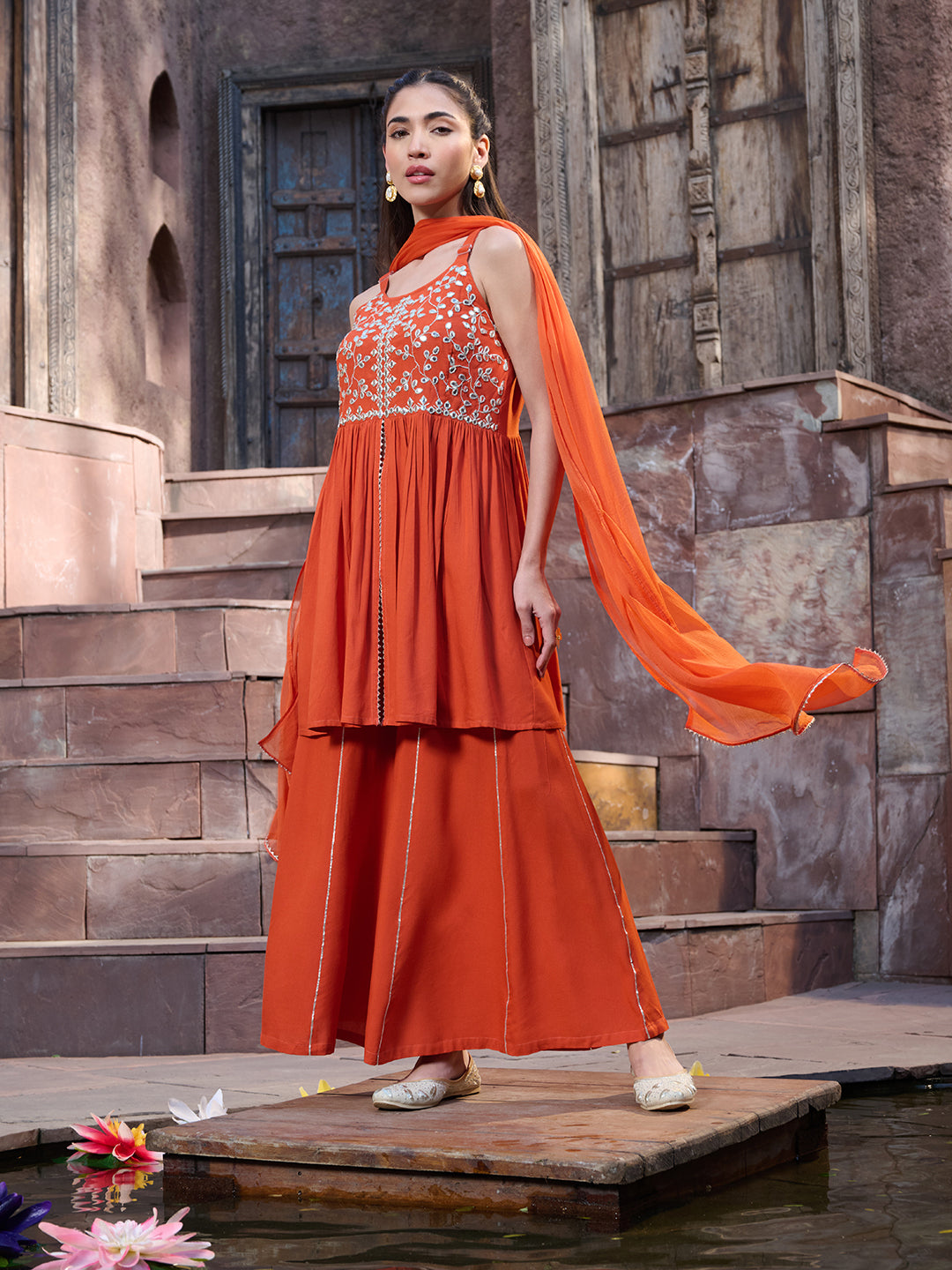 Orange Solid &amp; Embroidered Rayon Short Kurti Sharara Dupatta Set