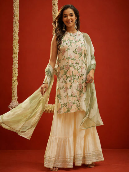 Floral Printed Cotton Straight Short Kurti Sharara Dupatta Set
