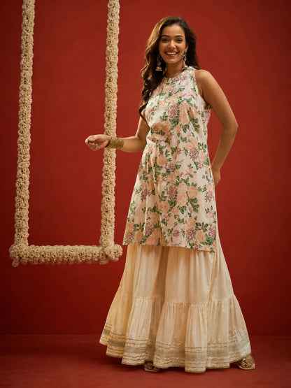 Floral Printed Cotton Straight Short Kurti Sharara Dupatta Set