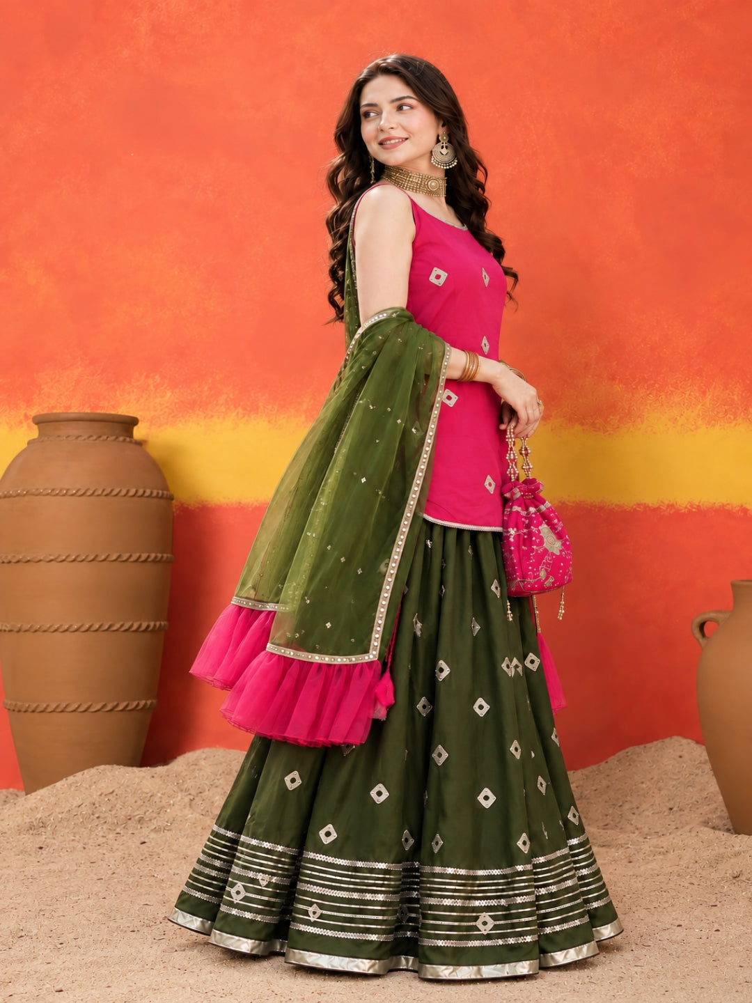 Bandhani Printed &amp; Embroidered Rayon Straight Short Kurti Skirt Dupatta Set
