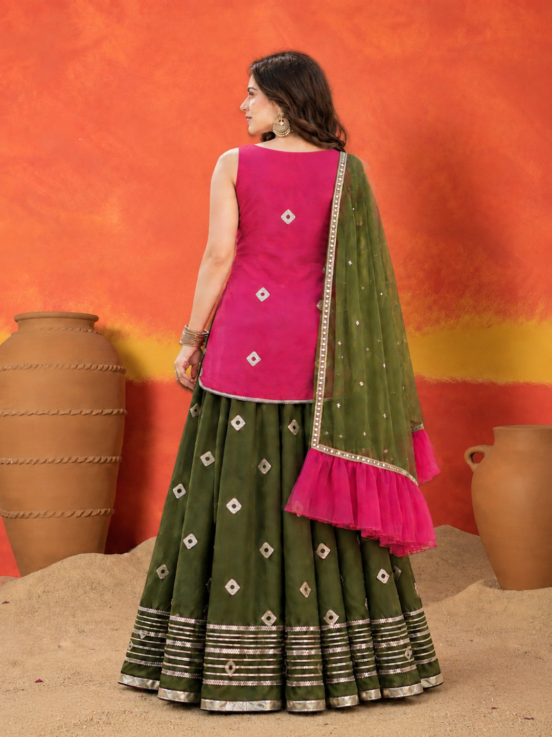 Bandhani Printed &amp; Embroidered Rayon Straight Short Kurti Skirt Dupatta Set