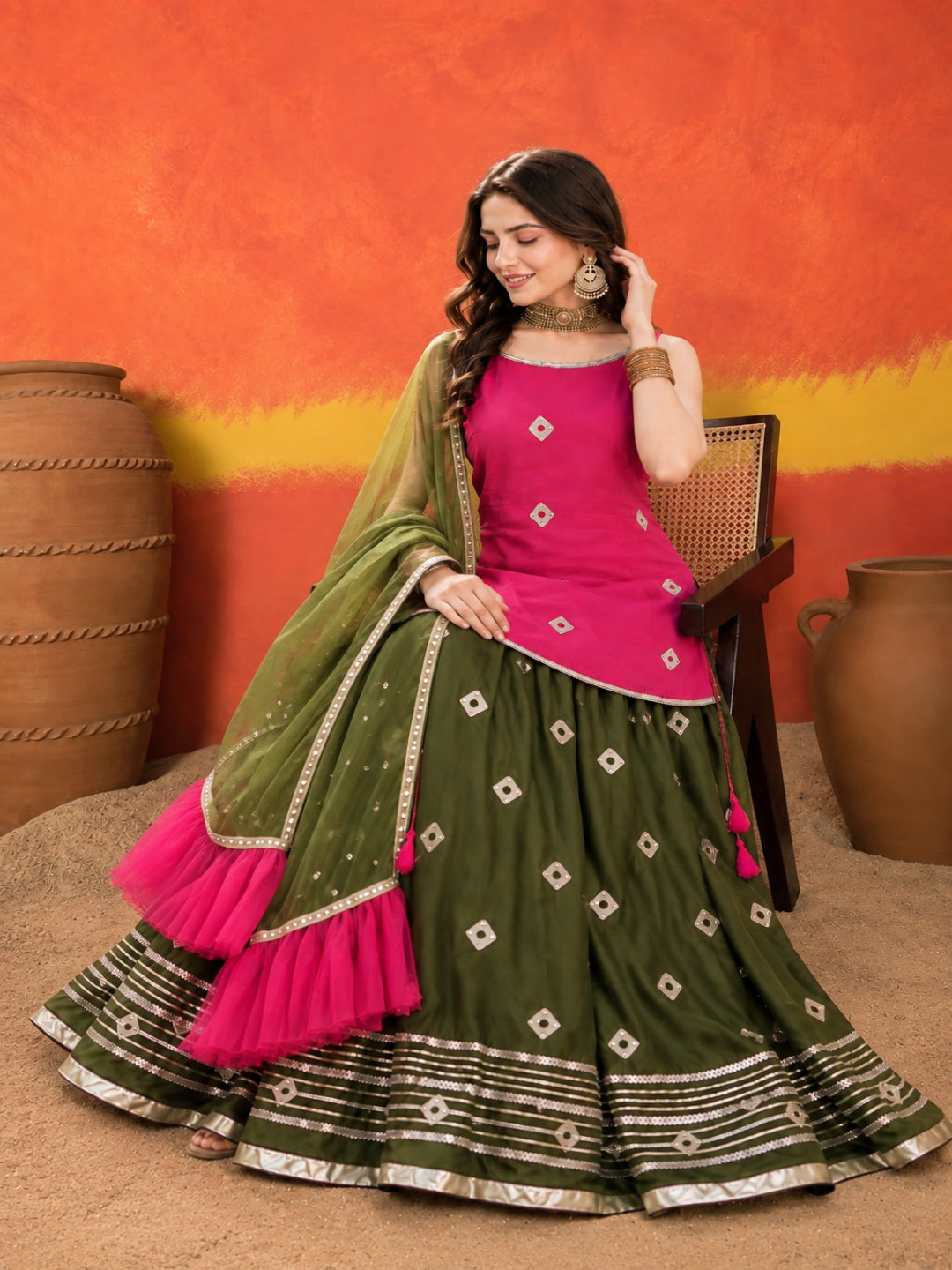 Bandhani Printed &amp; Embroidered Rayon Straight Short Kurti Skirt Dupatta Set