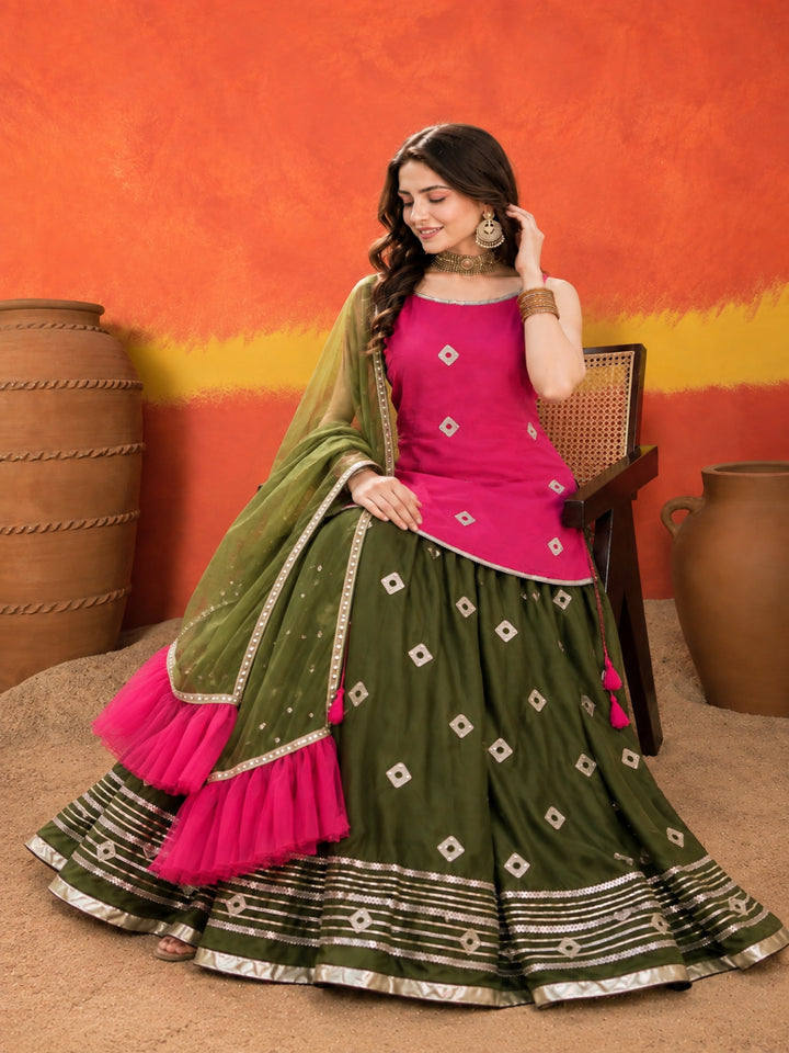 Bandhani Printed &amp; Embroidered Rayon Straight Short Kurti Skirt Dupatta Set