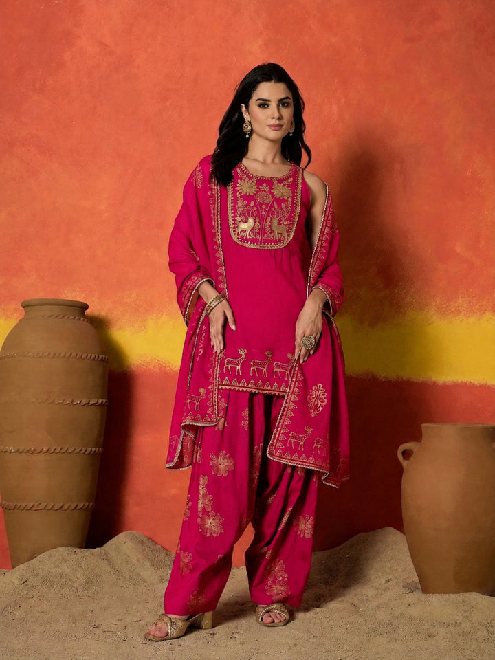 Gold Printed &amp; Embroidered Rayon Straight Short Kurti Farshi Salwar Dupatta Set