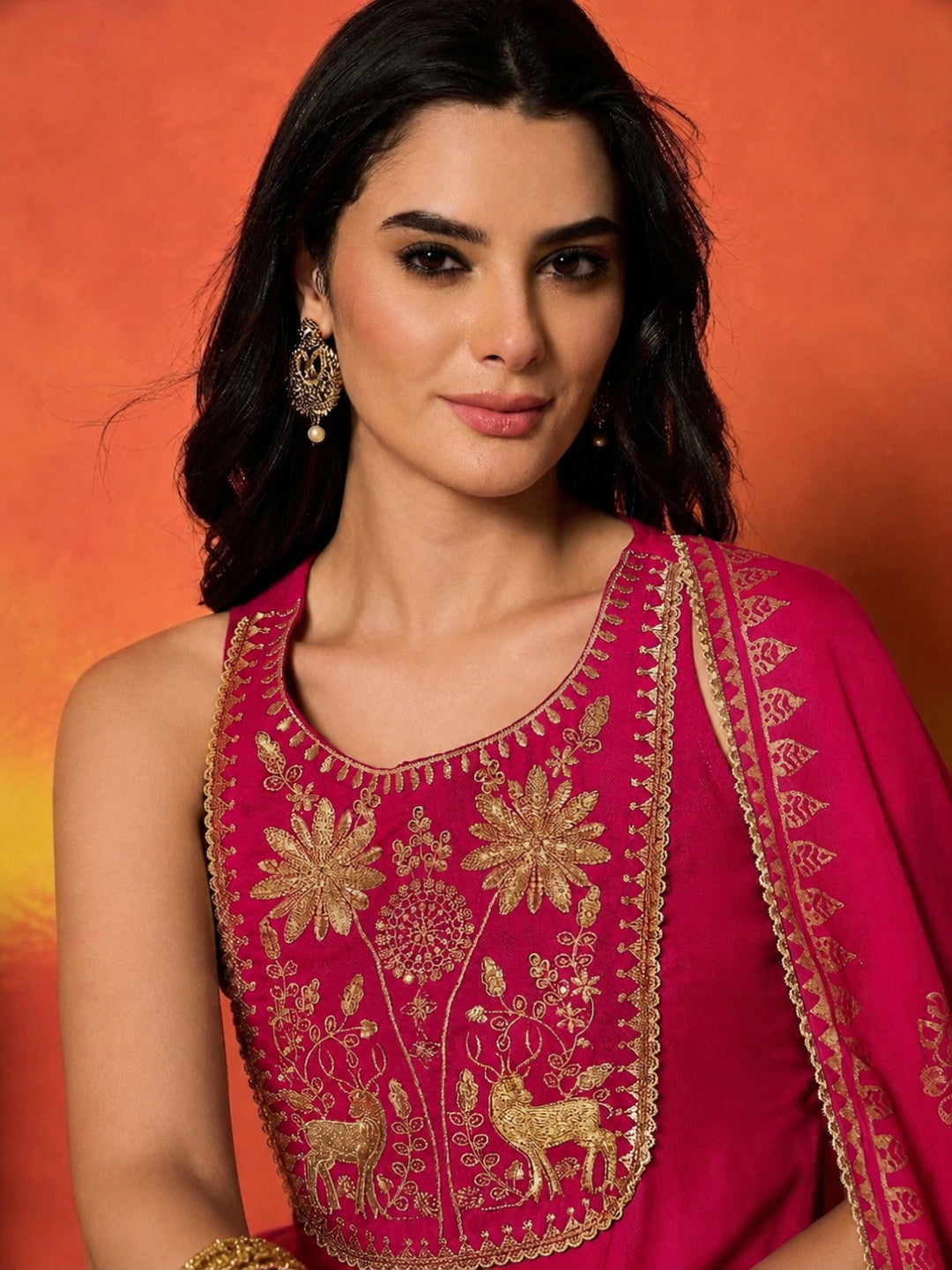 Gold Printed &amp; Embroidered Rayon Straight Short Kurti Farshi Salwar Dupatta Set