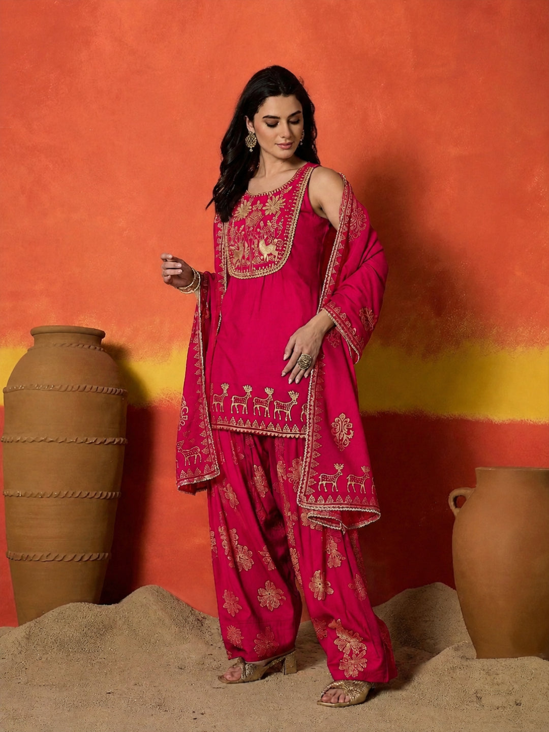 Gold Printed &amp; Embroidered Rayon Straight Short Kurti Farshi Salwar Dupatta Set