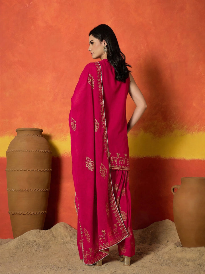 Gold Printed &amp; Embroidered Rayon Straight Short Kurti Farshi Salwar Dupatta Set