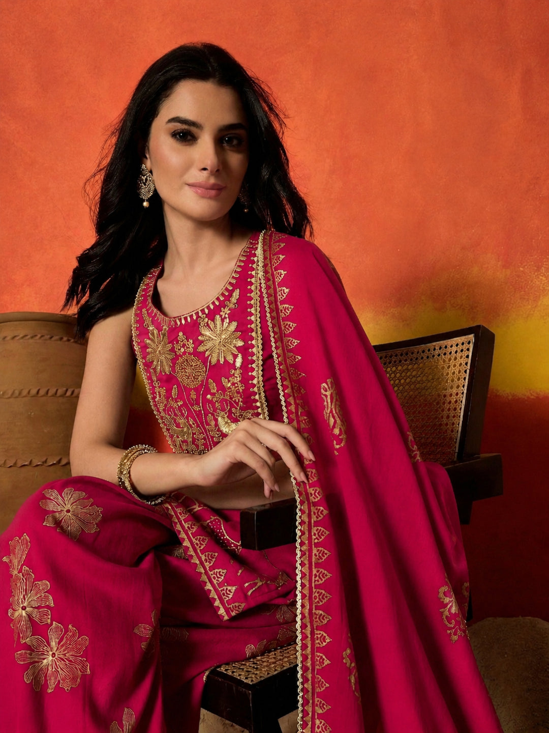 Gold Printed &amp; Embroidered Rayon Straight Short Kurti Farshi Salwar Dupatta Set