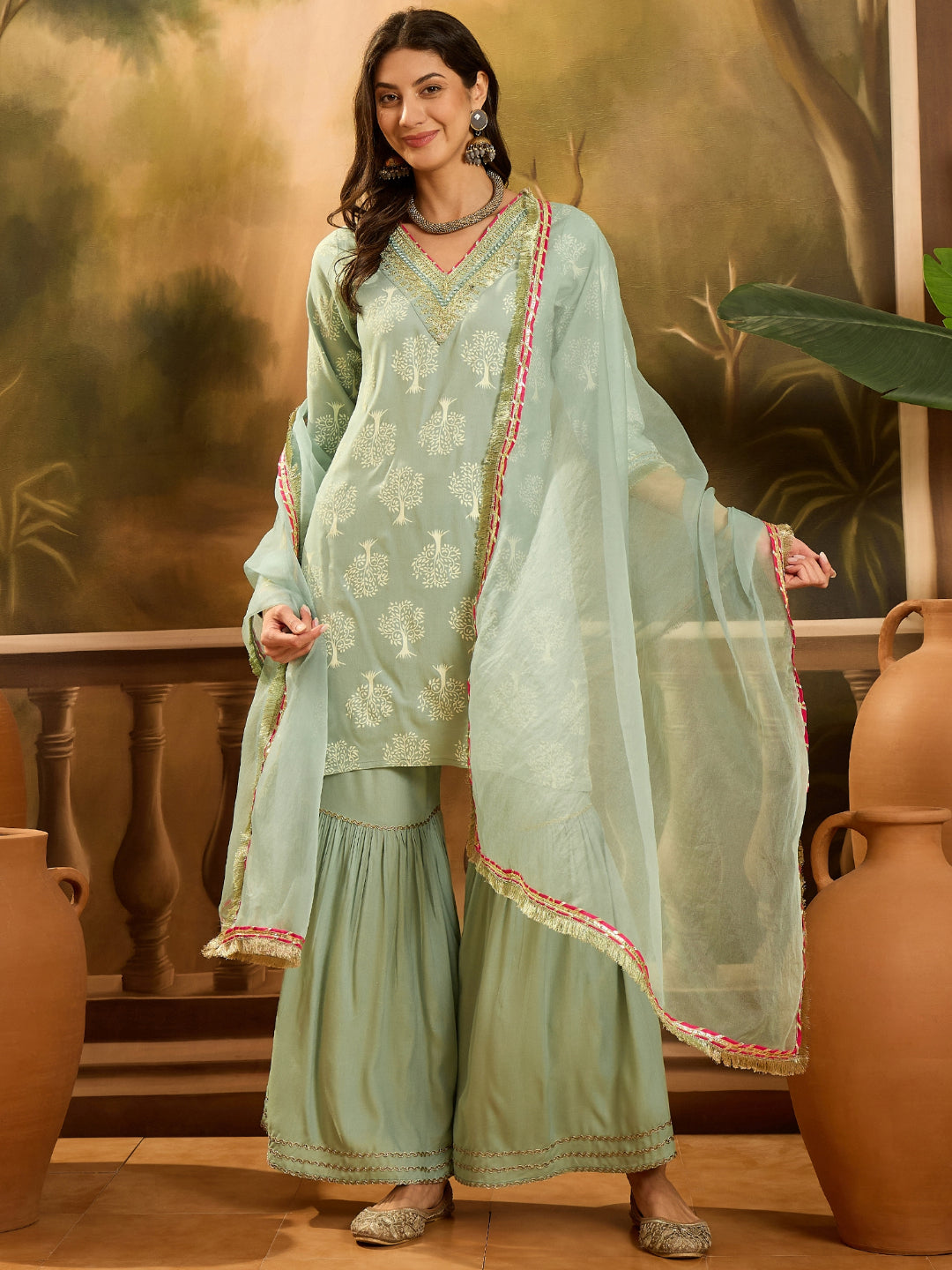 Pista Printed Rayon Straight Kurta Sharara Dupatta Set