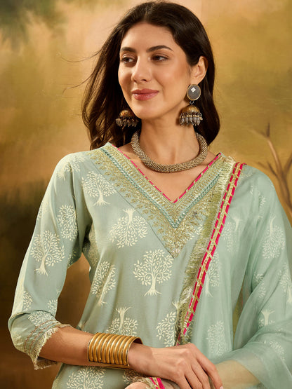 Pista Printed Rayon Straight Kurta Sharara Dupatta Set