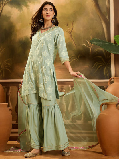 Pista Printed Rayon Straight Kurta Sharara Dupatta Set