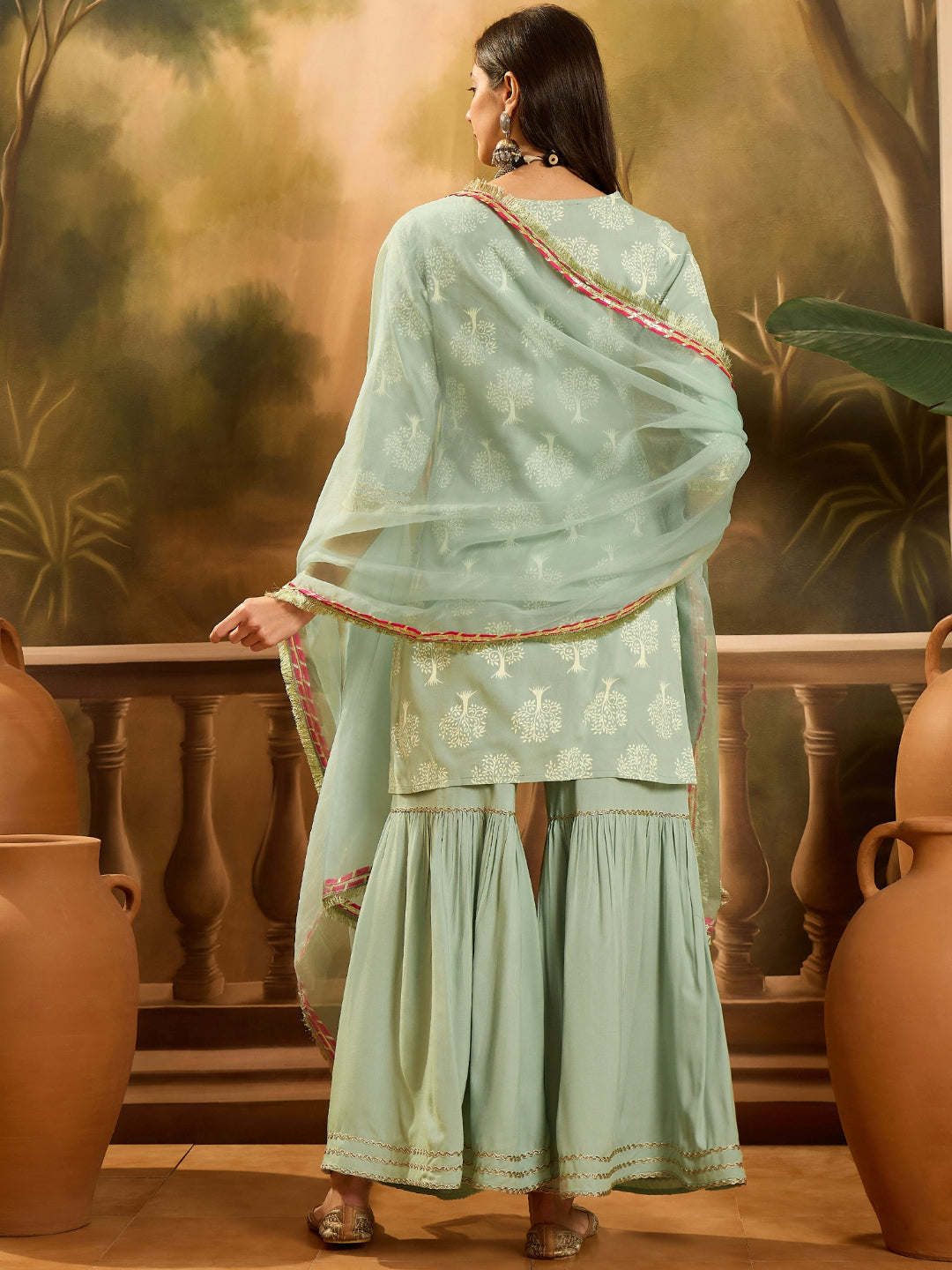 Pista Printed Rayon Straight Kurta Sharara Dupatta Set