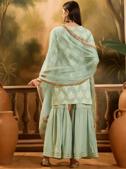 Pista Printed Rayon Straight Kurta Sharara Dupatta Set