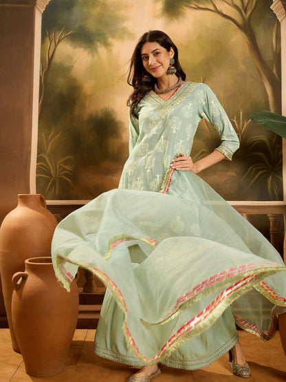 Pista Printed Rayon Straight Kurta Sharara Dupatta Set