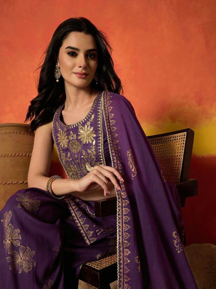 Solid &amp; Embroidered Rayon Straight Kurti Farshi Salwar With Dupatta Dupatta
