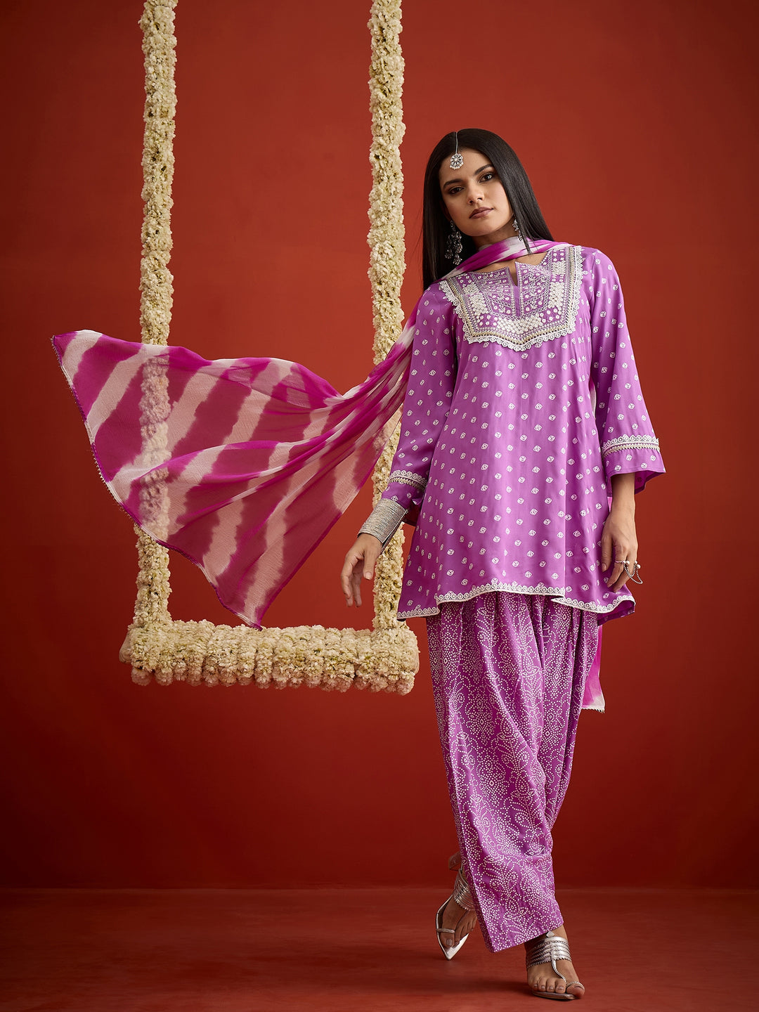 Bandhej Printed &amp; Embroidered Rayon A-Line Short Kurti Farshi Salwar Salwar Dupatta Set