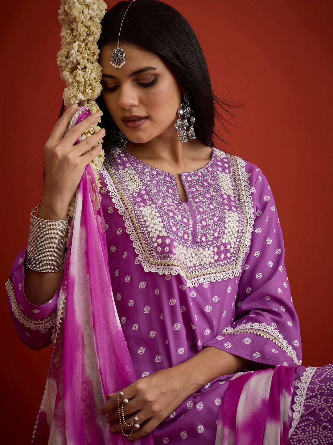 Bandhej Printed &amp; Embroidered Rayon A-Line Short Kurti Farshi Salwar Salwar Dupatta Set