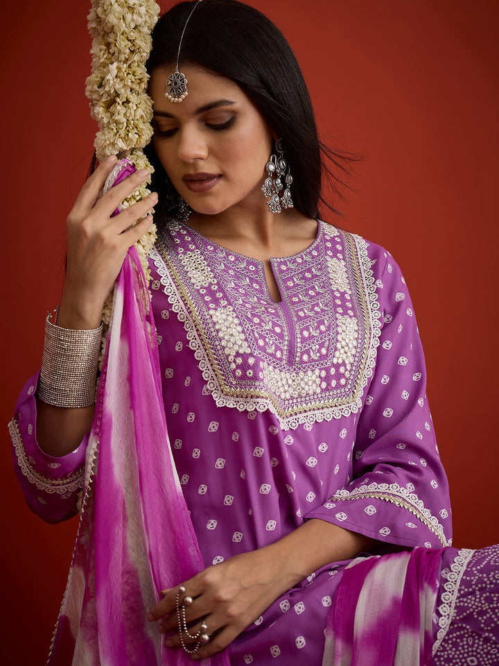 Bandhej Printed &amp; Embroidered Rayon A-Line Short Kurti Farshi Salwar Salwar Dupatta Set