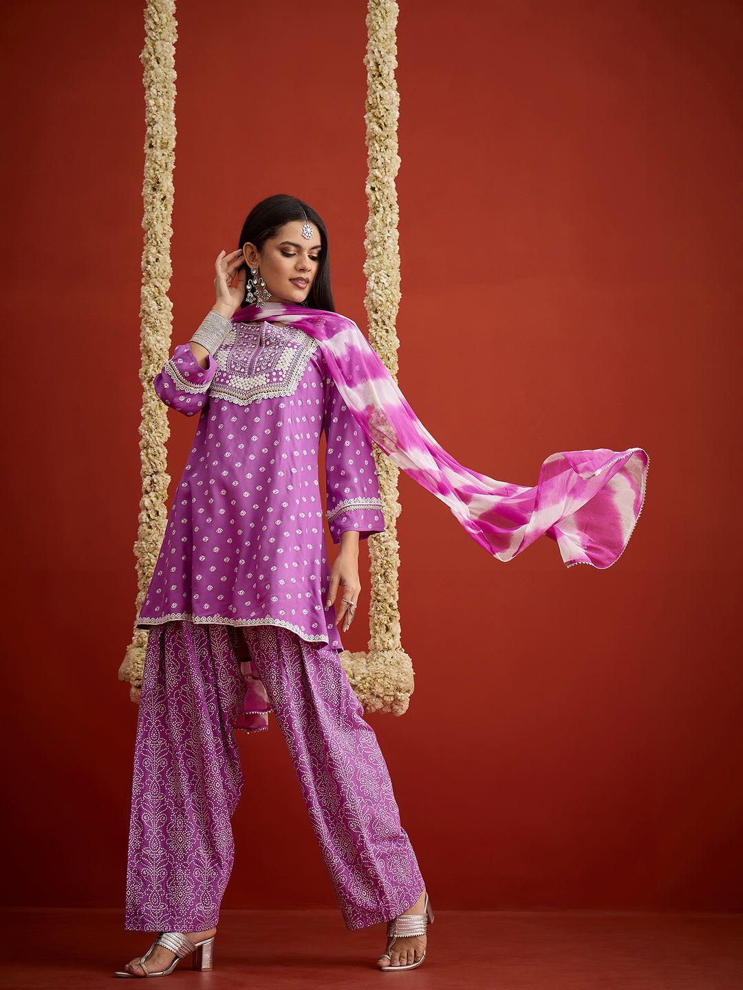 Bandhej Printed &amp; Embroidered Rayon A-Line Short Kurti Farshi Salwar Salwar Dupatta Set