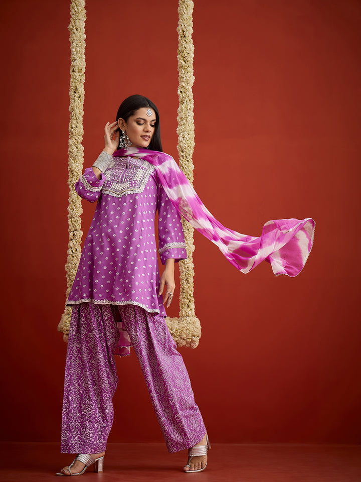 Bandhej Printed &amp; Embroidered Rayon A-Line Short Kurti Farshi Salwar Salwar Dupatta Set
