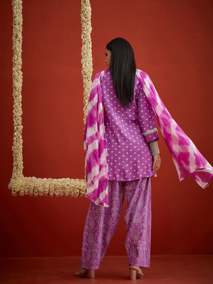 Bandhej Printed &amp; Embroidered Rayon A-Line Short Kurti Farshi Salwar Salwar Dupatta Set