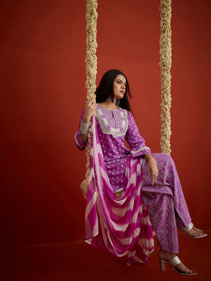 Bandhej Printed &amp; Embroidered Rayon A-Line Short Kurti Farshi Salwar Salwar Dupatta Set