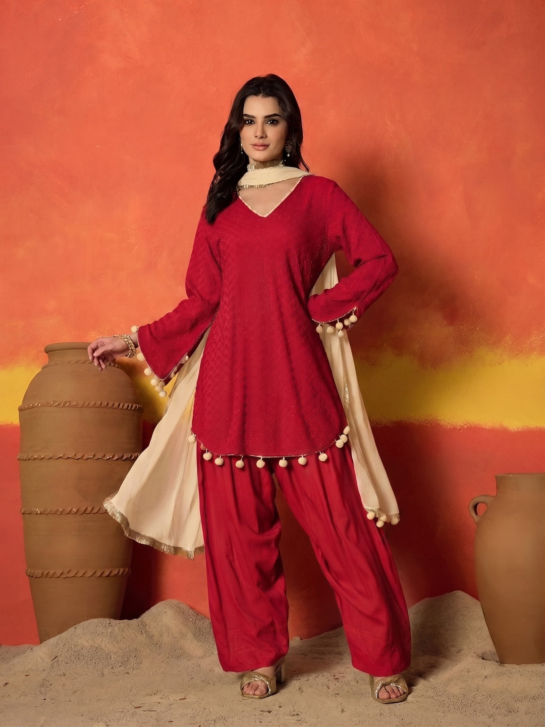 Chikankari Rayon A-Line Kurti Farshi Salwar With Dupatta Set