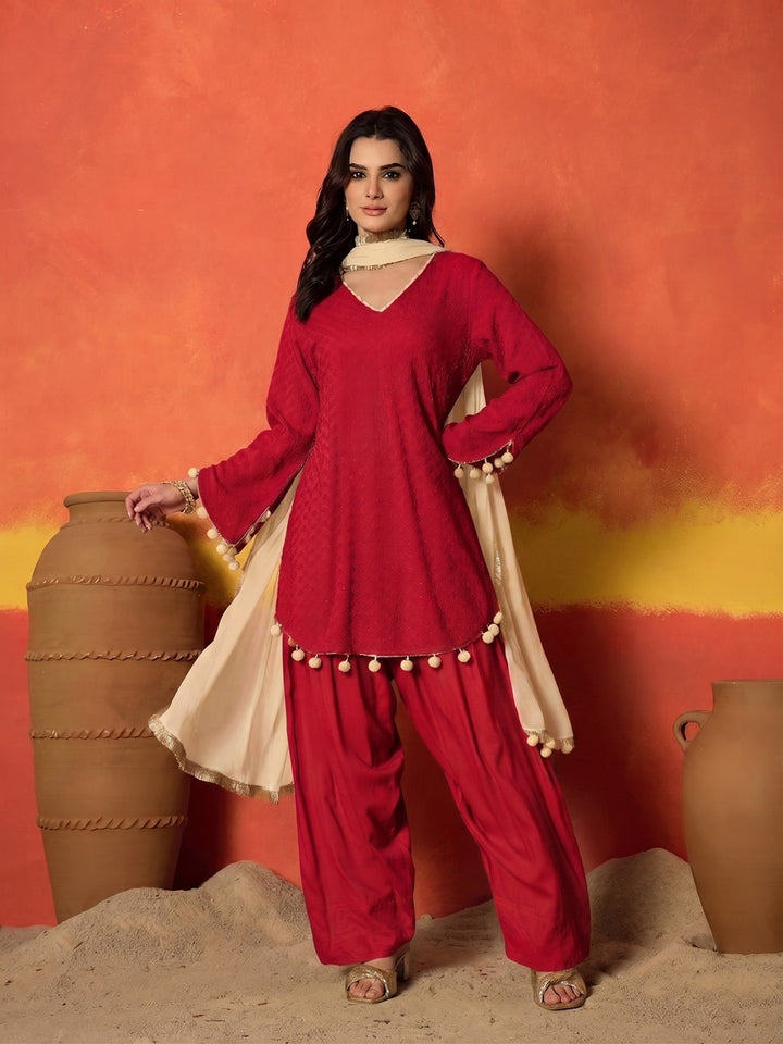 Chikankari Rayon A-Line Kurti Farshi Salwar With Dupatta Set
