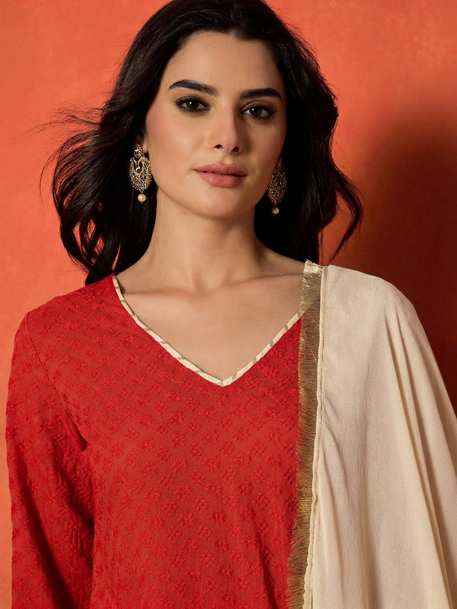 Chikankari Rayon A-Line Kurti Farshi Salwar With Dupatta Set