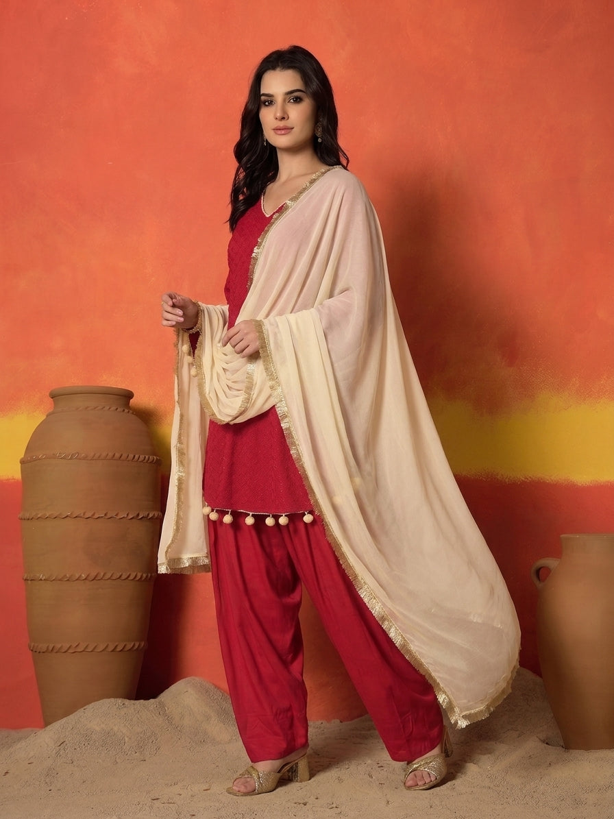 Chikankari Rayon A-Line Kurti Farshi Salwar With Dupatta Set