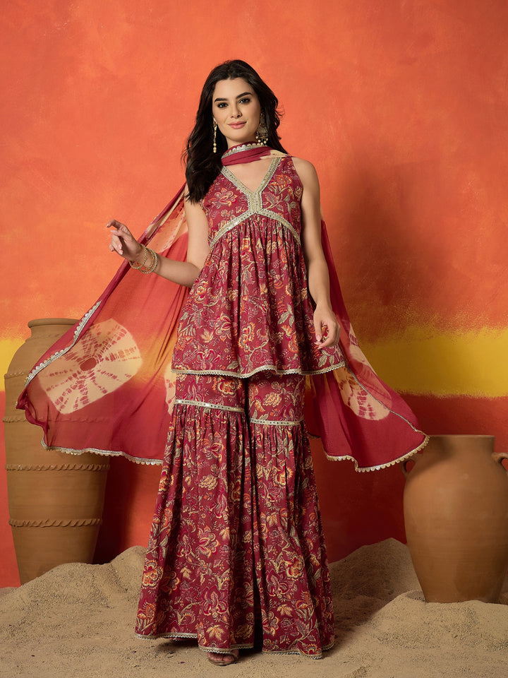Floral Printed Pure Cotton A-Line Short Kurti Sharara Dupatta Set