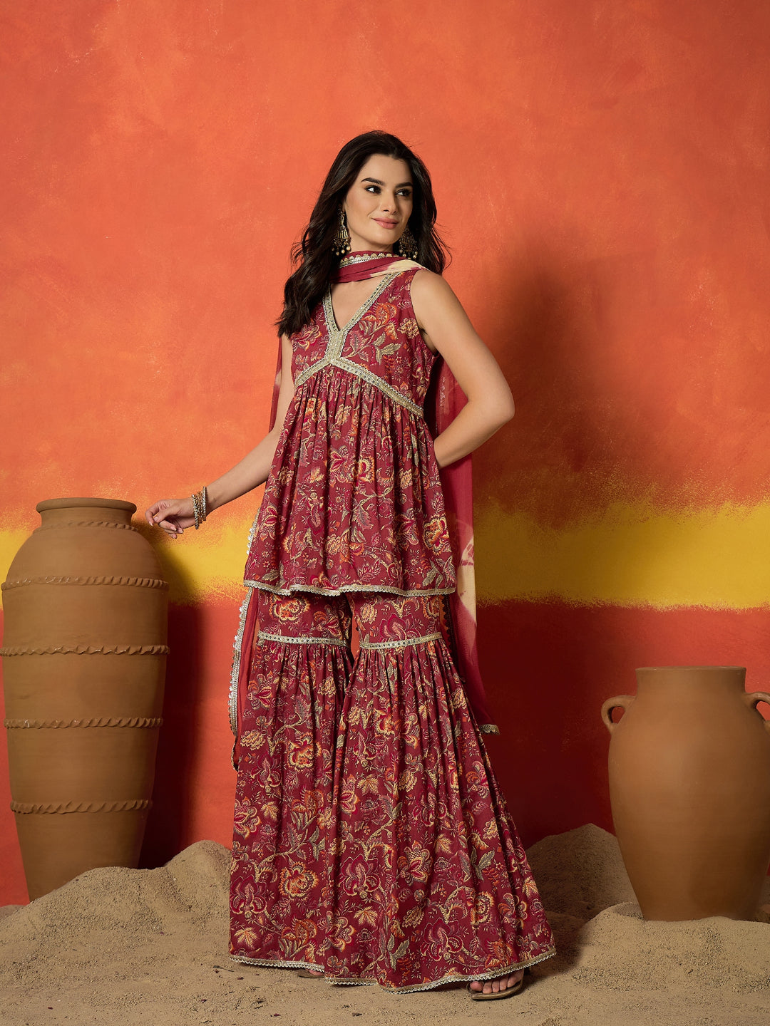 Floral Printed Pure Cotton A-Line Short Kurti Sharara Dupatta Set