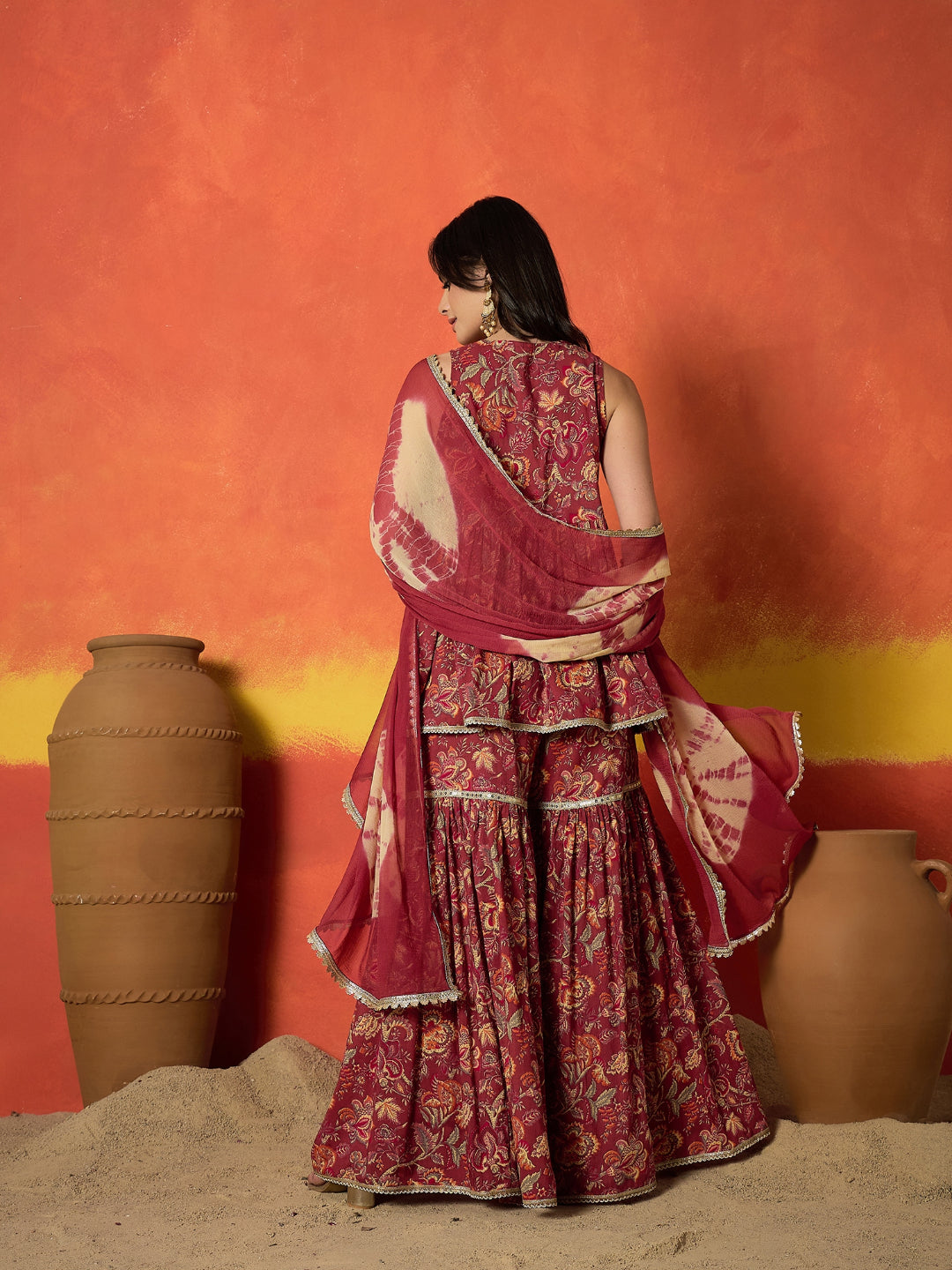 Floral Printed Pure Cotton A-Line Short Kurti Sharara Dupatta Set