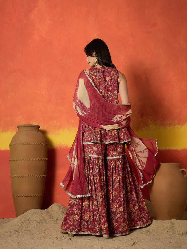 Floral Printed Pure Cotton A-Line Short Kurti Sharara Dupatta Set