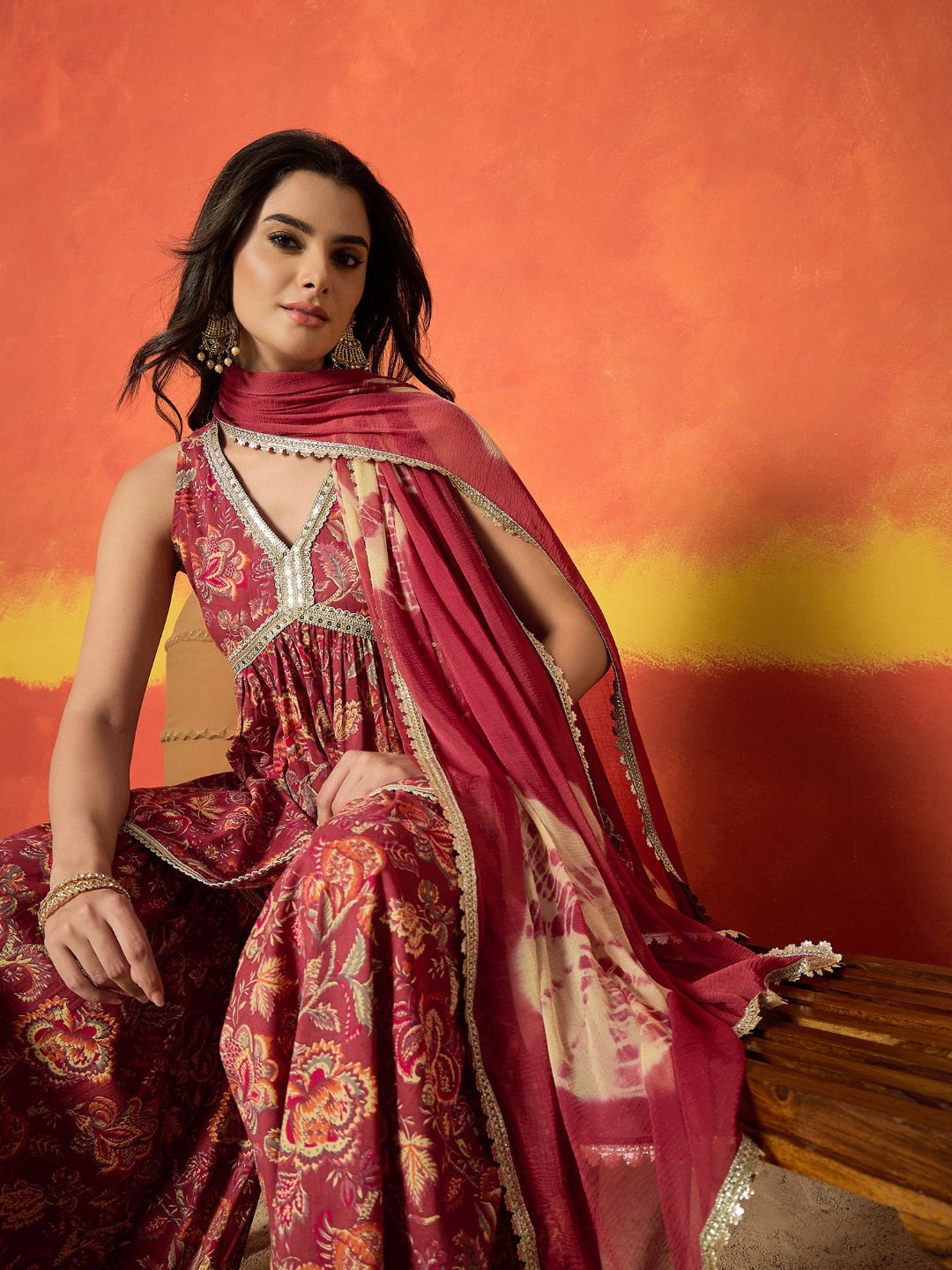 Floral Printed Pure Cotton A-Line Short Kurti Sharara Dupatta Set