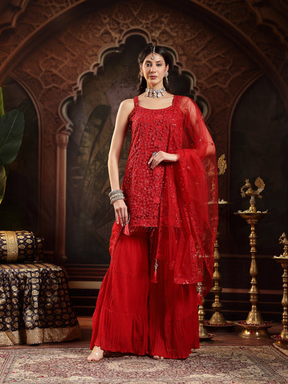 Red Embroidered Net Straight Kurti Sharara Dupatta Set