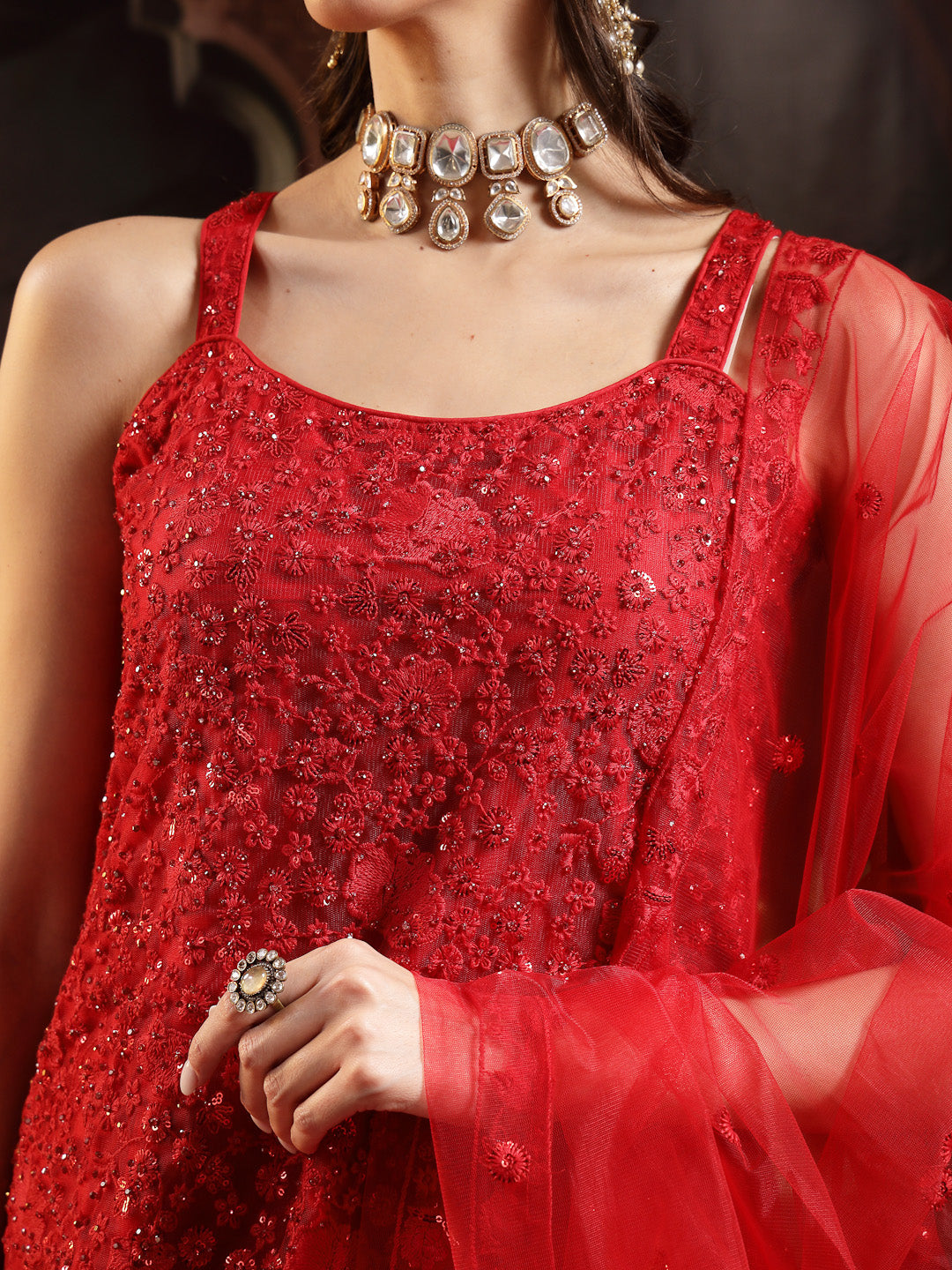 Red Embroidered Net Straight Kurti Sharara Dupatta Set