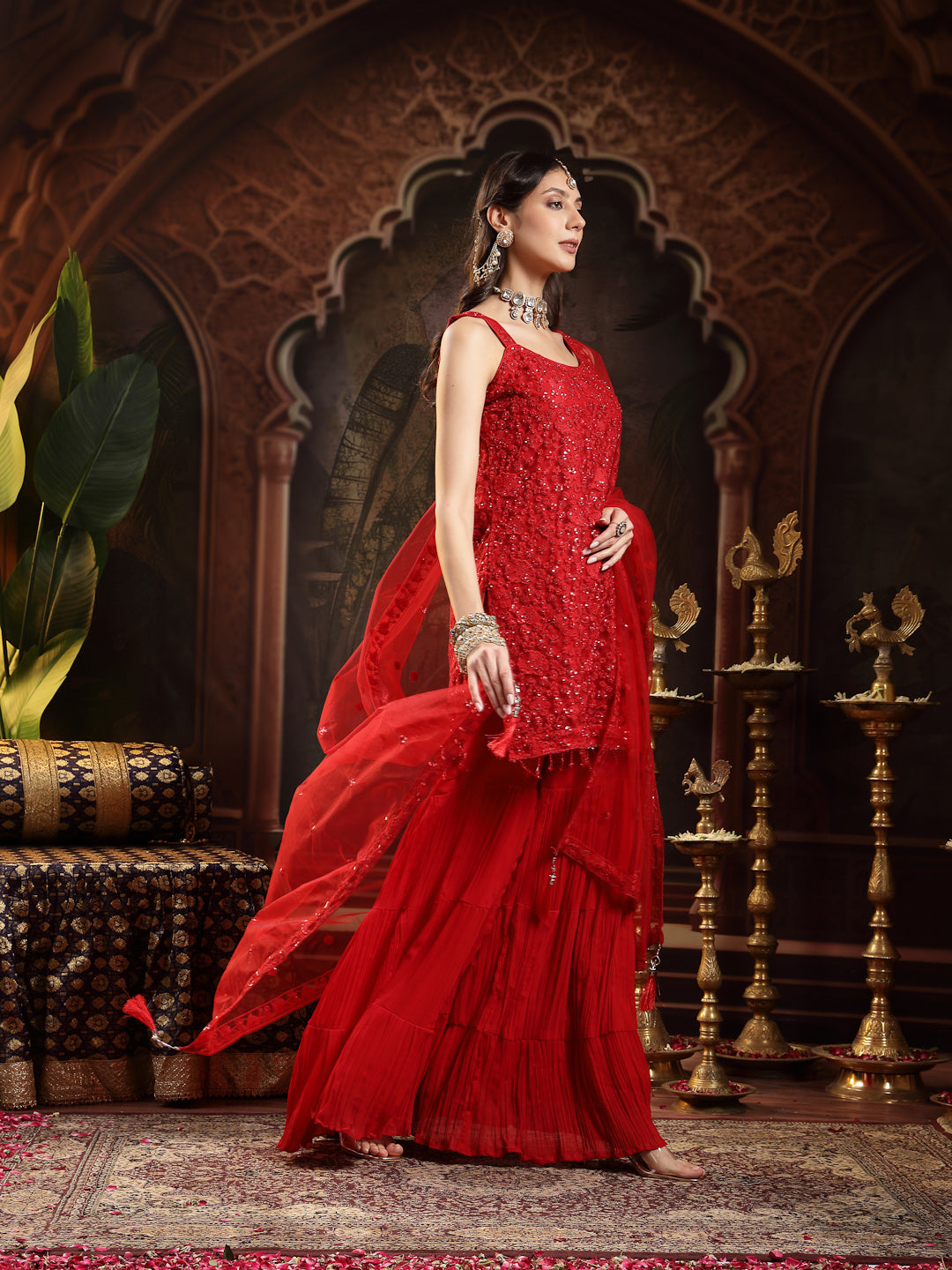 Red Embroidered Net Straight Kurti Sharara Dupatta Set