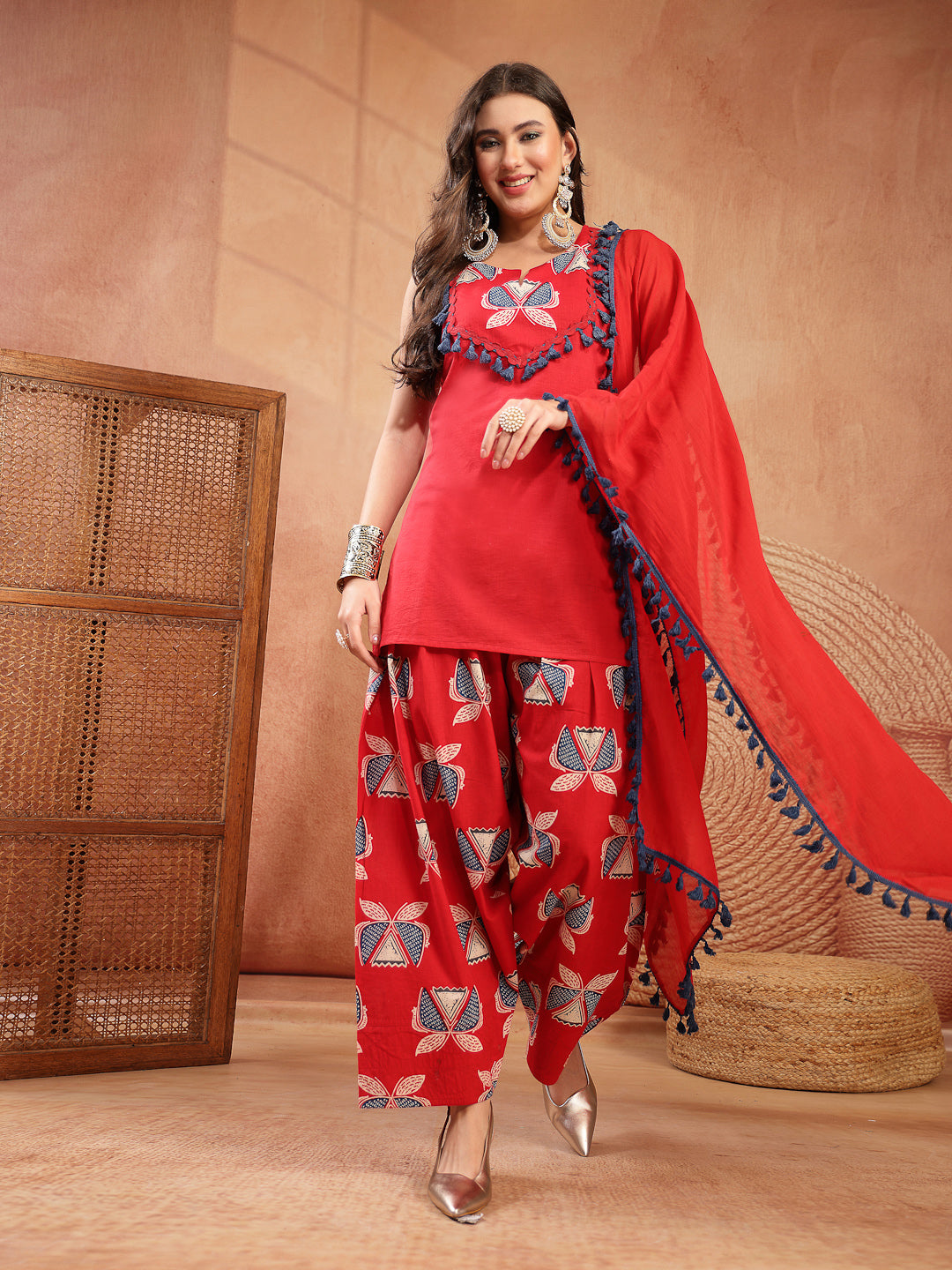 Solid Cotton Straight Kurti Salwar Dupatta Set