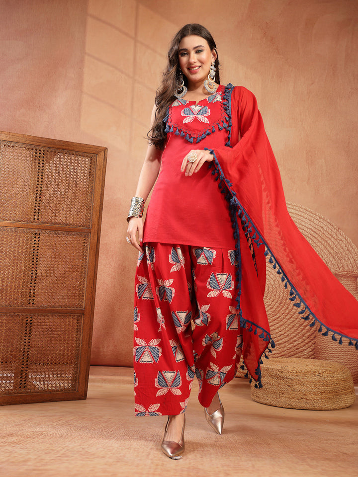 Solid Cotton Straight Kurti Salwar Dupatta Set