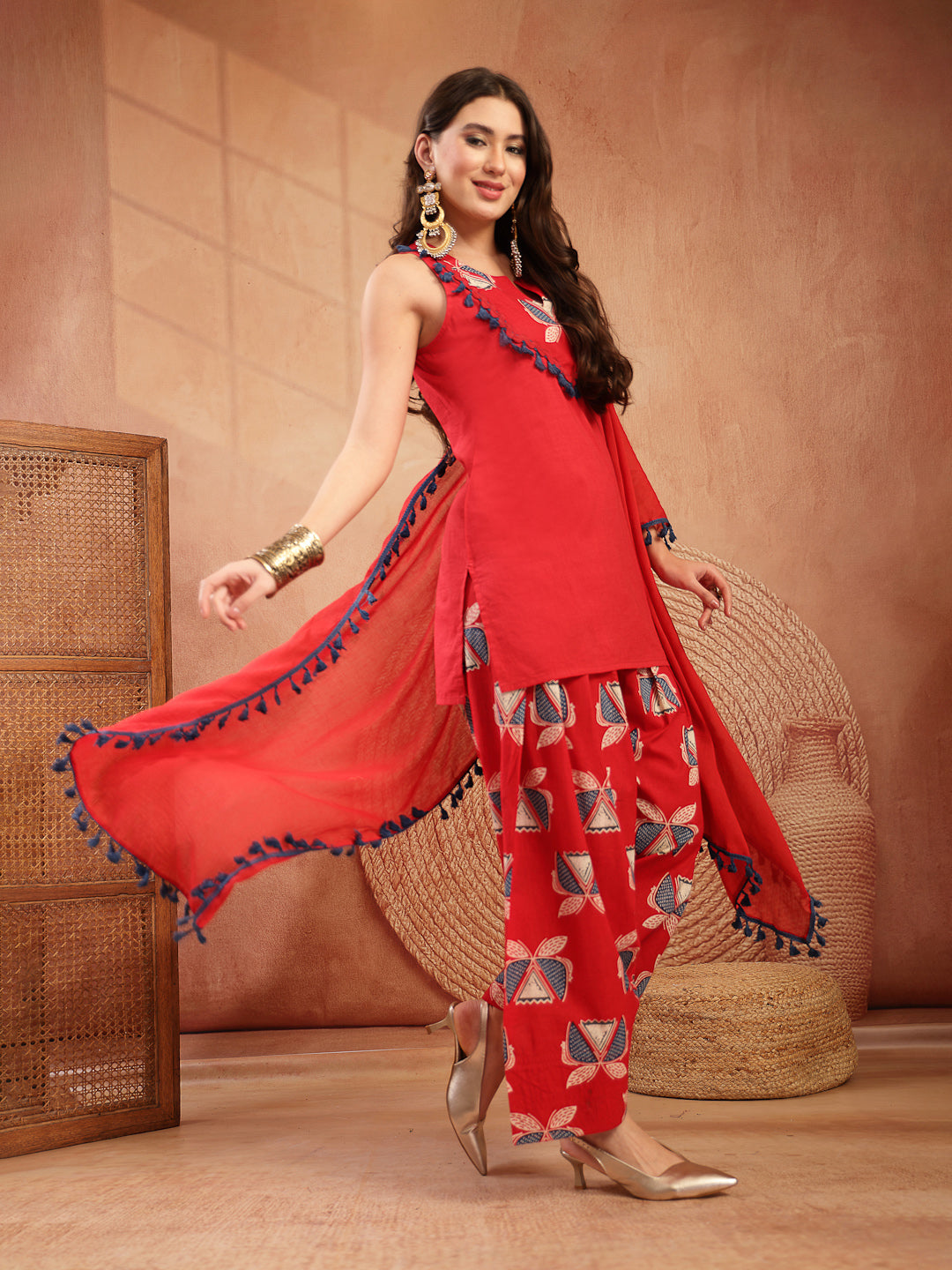Solid Cotton Straight Kurti Salwar Dupatta Set