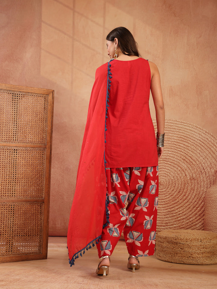 Solid Cotton Straight Kurti Salwar Dupatta Set