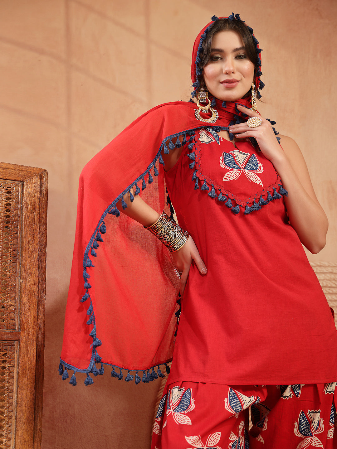 Solid Cotton Straight Kurti Salwar Dupatta Set
