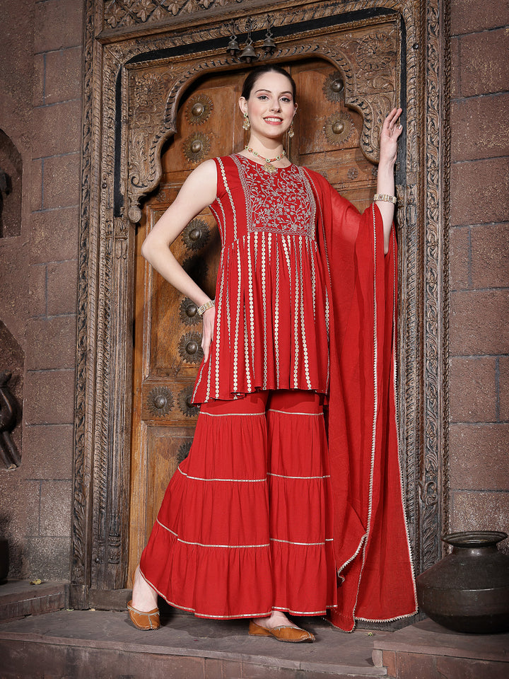 Printed &amp; Embroidered Rayon Short Kurta Sharara Dupatta Set