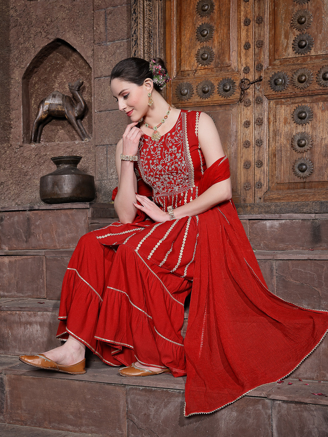 Printed &amp; Embroidered Rayon Short Kurta Sharara Dupatta Set