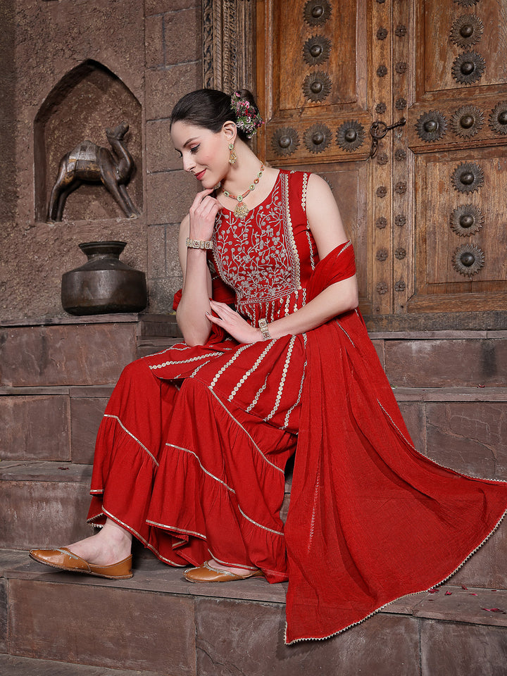 Printed &amp; Embroidered Rayon Short Kurta Sharara Dupatta Set