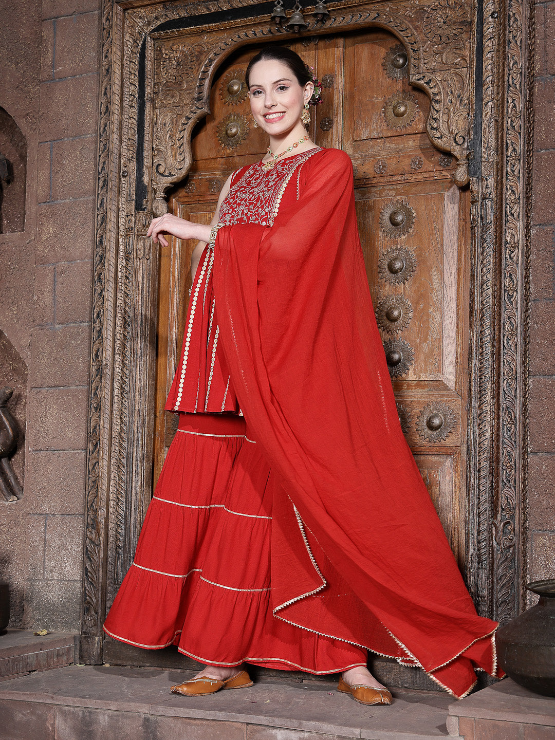 Printed &amp; Embroidered Rayon Short Kurta Sharara Dupatta Set